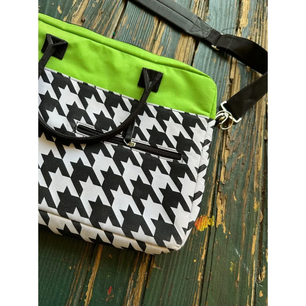 Jackie Lime Green‎ Black Houndstooth Laptop Messenger Bag Crossbody Tech Case